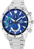 A close-up studio shot of a Casio Edifice men's watch with a blue dial and silver metal band. Podgląd zdjęcia produktu