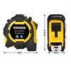 Two views of a yellow and black tape measure with dimensions indicated. Produktbild-Vorschau