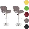 Two taupe and gray bar stools with white accents are shown against a white background. To the right of the stools are circular swatches of different colors: yellow, green, burgundy, taupe, and black. Podgląd zdjęcia produktu