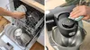 Split image showing a person loading dishes into a dishwasher on the left, and a hand wiping a stand mixer on the right. Anteprima dell’immagine prodotto