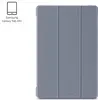 A gray tablet case is shown closed on a white background. The case has a tri-fold design. A small icon and text indicating compatibility with Samsung Galaxy Tab A9+ are in the upper left corner. Voir les images du produit