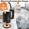 A split image showing a black glass electric kettle on its base on the left, and a close-up of boiling water inside the kettle on the right. Text overlays highlight features. Produktbild-Vorschau