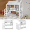 A collage of images showing a white bunk bed with a house-like design, featuring windows and a roof. The main image shows the bunk bed in a room setting with wooden walls and a rug. The other images are product shots of the bunk bed. Produktbild-Vorschau