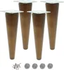 Four wooden furniture legs with silver mounting plates and a pile of screws and felt pads below. Produktbild-Vorschau
