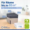 A dehumidifier cube with dimensions and features highlighted, alongside a 1kg refill bag. Podgląd zdjęcia produktu