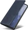 A blue leather flip case for a smartphone is shown at an angle. Produktbild-Vorschau