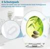 A toilet seat with a decorative insert of bamboo leaves and stones, shown in a bathroom setting with a close-up of the protective pads. Produktbild-Vorschau