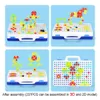A collage of four images showing different 3D and 2D models assembled from a building block toy set, presented in a briefcase-like container. Produktbild-Vorschau