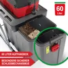 Close-up view of a garden shredder's collection box and a red and black shredder unit. Produktbild-Vorschau