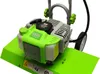 Close-up view of a green and gray gasoline-powered tiller. Voir les images du produit