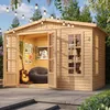 A wooden garden shed with an open door, showing a cozy interior with a guitar, beanbag chair, and artwork. String lights are visible overhead. Produktbild-Vorschau
