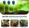 Three soil moisture meters are shown in the soil, with a small plant growing in the background. Below are three smaller images showing hands planting seedlings. Produktbild-Vorschau