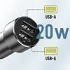 Close-up of a car charger with two USB-A ports and a power output indicator. Produktbild-Vorschau