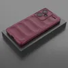 A burgundy phone case with a textured back and camera cutout is displayed on a dark gray block. Produktbild-Vorschau
