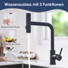 A black kitchen faucet is shown with water running, alongside three inset images demonstrating different functions of the faucet. Produktbild-Vorschau