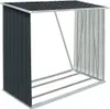 A metal firewood storage shed with a dark gray side panel and a silver corrugated metal back and roof. Náhled obrázku produktu