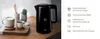 A black electric kettle is displayed next to two mugs of coffee on a wooden surface, with decorative elements in the background. To the right, a list of product features is presented with icons. Anteprima dell’immagine prodotto