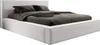 A white upholstered bed with dark gray bedding and pillows, shown from a side angle on a white background. Produktbild-Vorschau