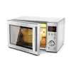 A silver microwave oven with its door open, showing a yellow bowl inside. Voir les images du produit