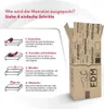 An instructional image showing the 4 steps to unpack a mattress, with a product box on the right. Produktbild-Vorschau