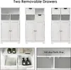 Collage of different configurations of a white wooden bathroom cabinet with drawers and shelves. Náhled obrázku produktu