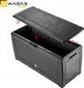 A black plastic storage box with its lid open, showing red arrows indicating how to close it. Produktbild-Vorschau