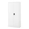 A white metal cabinet with two doors and a black lock is shown against a white background.