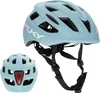 A light blue Puky helmet is shown from two angles against a white background. The main helmet is shown from the front and side, with straps visible. A second, smaller view of the helmet shows the back with a red reflector. Anteprima dell’immagine prodotto