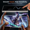 A person's hands holding a smartphone displaying a game, with a screen protector graphic overlay. Produktbild-Vorschau