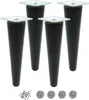 Four black conical furniture legs with silver mounting plates are arranged in a row, with a pile of screws and four felt pads at the bottom. Produktbild-Vorschau