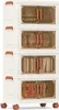 A stack of four white storage boxes with transparent brown doors and brown handles, each containing items. The boxes are on wheels. Podgląd zdjęcia produktu