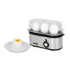 A UNOLD egg cooker with three eggs inside and one boiled egg on a plate next to it, set against a white background. Produktbild-Vorschau