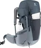 A close-up side view of a gray Deuter backpack with a white water bottle in a side pocket and a map in a front pocket. Podgląd zdjęcia produktu