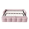 A pink sofa bed with the mattress frame extended, shown from the front. Produktbild-Vorschau