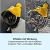 A split image showing a pug wearing a yellow hat and sweater, with the right side of the image showing a stylized, artistic version of the same pug. Below the image is text describing effects and filters. Produktbild-Vorschau