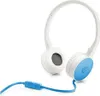 A pair of white and blue HP headphones with a blue cord and inline controls, isolated on a white background. Produktbild-Vorschau