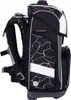 A side view of a black school backpack with a white abstract pattern. Voir les images du produit