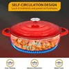A red Dutch oven is shown with steam rising from food inside, illustrating its cooking features. Text overlays describe its benefits. Produktbild-Vorschau