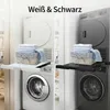 Two side-by-side images showing a washing machine and dryer stacking solution in white and black. Podgląd zdjęcia produktu