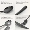 A collage of four images showcasing black cutlery with text descriptions of its features. Produktbild-Vorschau