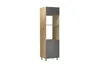 A tall, narrow cabinet with wood-effect sides and gray fronts, featuring two open shelves and a closed cabinet at the bottom. It stands on small black legs. Produktbild-Vorschau