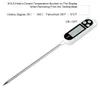 A digital meat thermometer with its probe extended, placed on a white background. Text annotations describe its features and temperature range. Produktbild-Vorschau