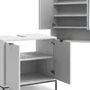 A close-up view of a white bathroom vanity set with open doors and shelves. Produktbild-Vorschau
