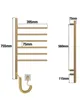 A diagram showing the dimensions of a gold-colored electric towel warmer. Podgląd zdjęcia produktu