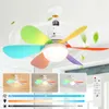 A colorful ceiling fan with integrated LED light and remote control, shown installed on a white ceiling. Smaller inset images demonstrate different lighting modes, and a color gradient bar illustrates light color temperature. Náhled obrázku produktu