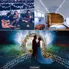 A collage of images showing LED string lights used in different settings: on a rooftop, inside a camper van, and at a wedding ceremony. Produktbild-Vorschau
