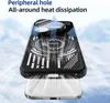 A black phone case is shown with blue arrows indicating heat dissipation. Produktbild-Vorschau