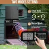 A chicken coop door with a digital display and a rooster in front of it. Produktbild-Vorschau