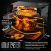 A roasted chicken inside an air fryer, with arrows indicating airflow and text highlighting features. Produktbild-Vorschau