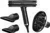 A black professional hairdryer with two attachments and a diffuser, displayed against a white background. Náhled obrázku produktu